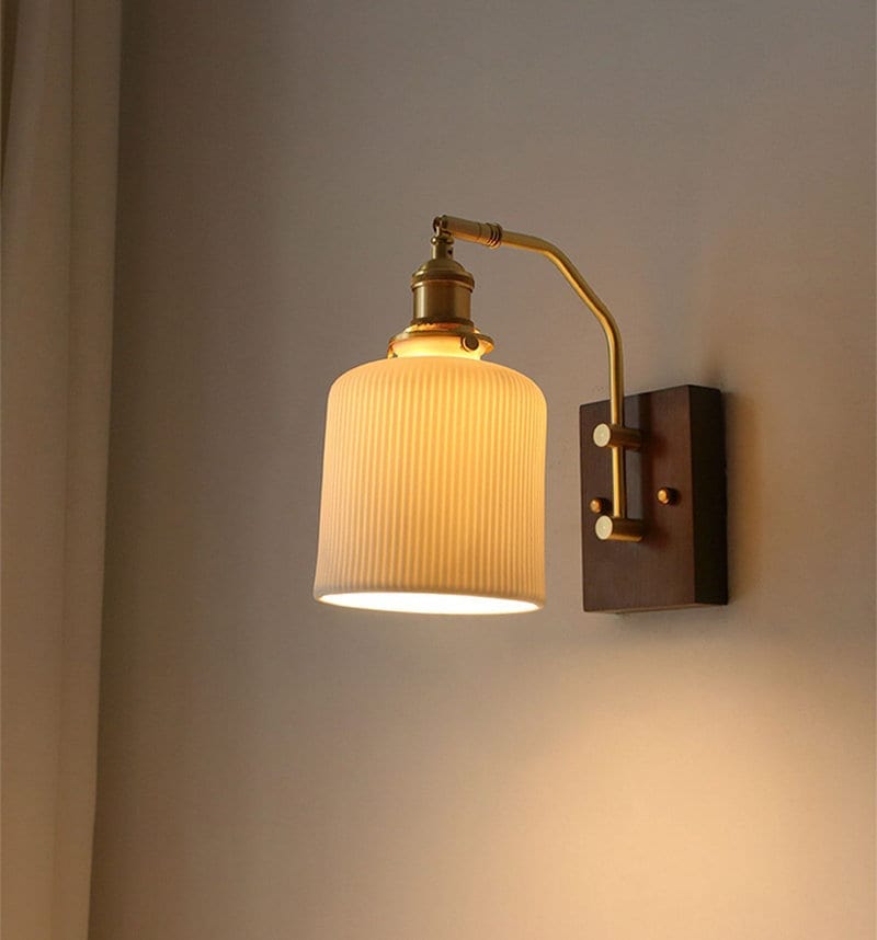 Classic Ceramic LED Wall Lamp With Wooden Mount