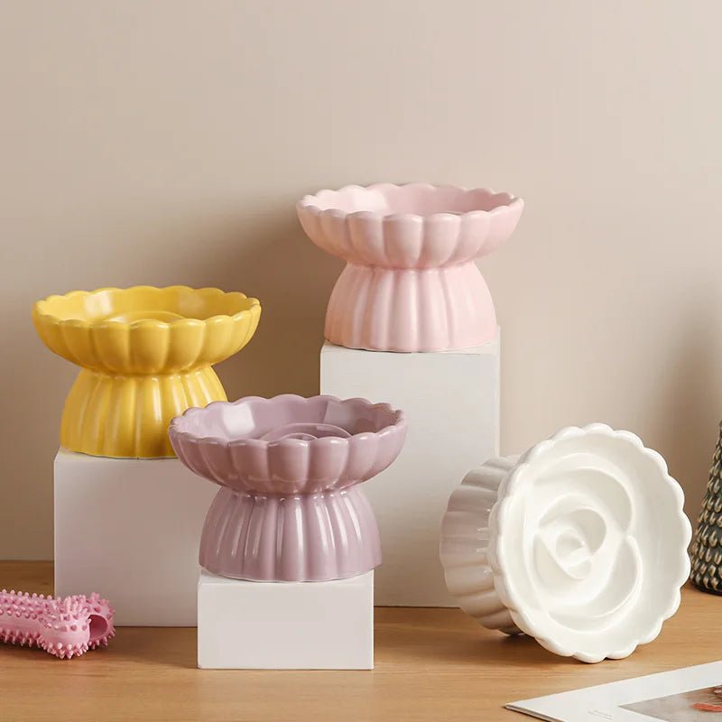 Ceramic Slow Feeder Dog Bowl and Elevated Cat Bowl - Flower Shaped Design for Healthy Eating 2