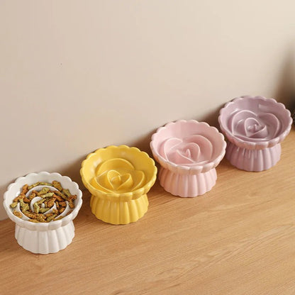 Ceramic Slow Feeder Dog Bowl and Elevated Cat Bowl - Flower Shaped Design for Healthy Eating 5