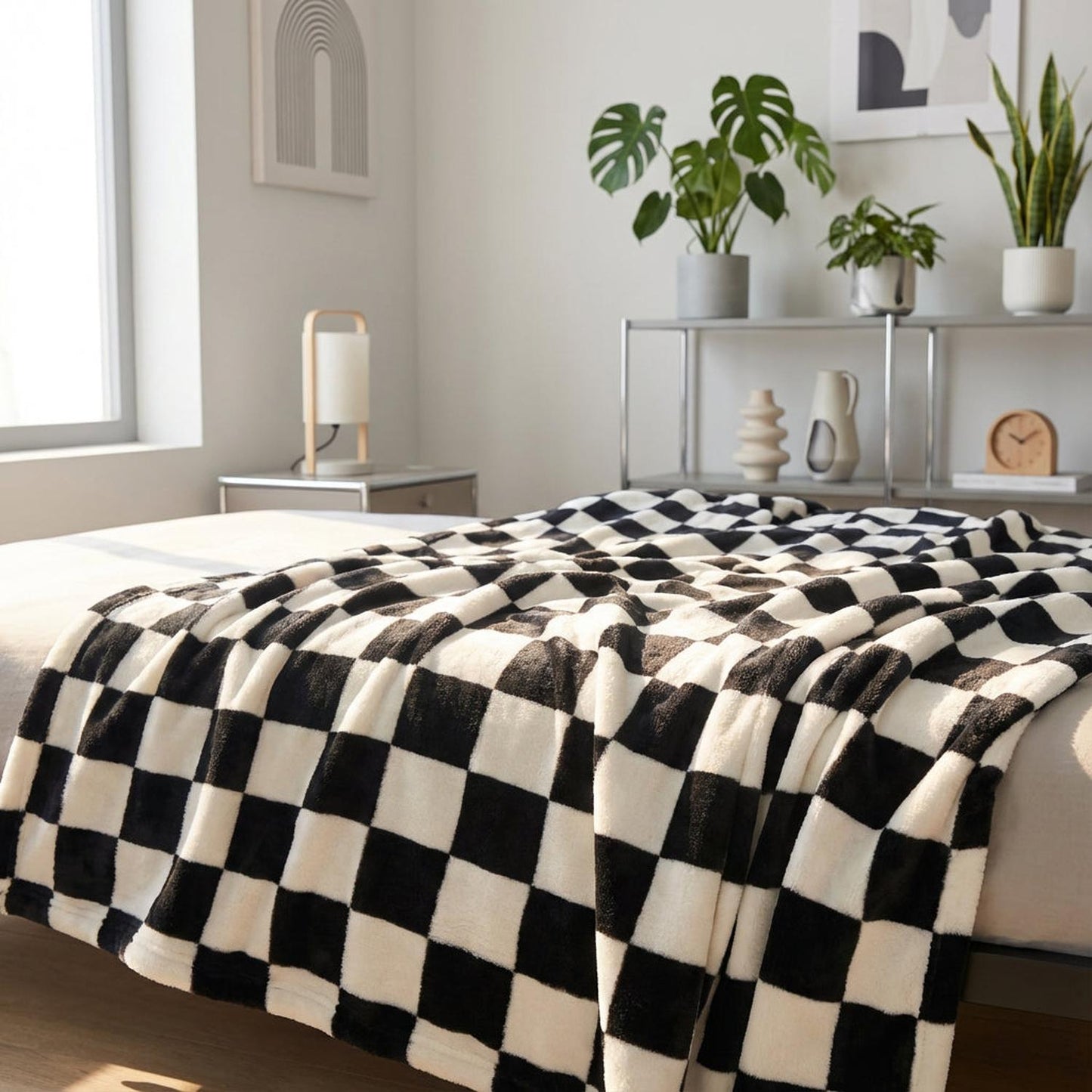 Classic Black White Plaid Throw Blanket
