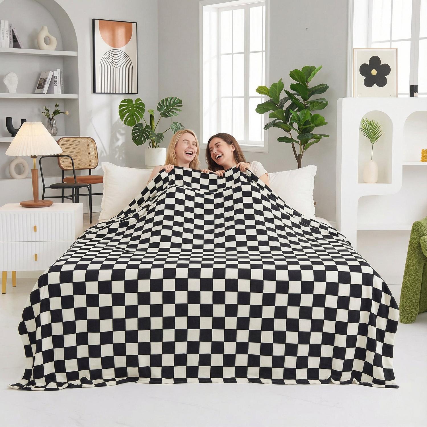 Classic Black White Plaid Throw Blanket - Lusomart