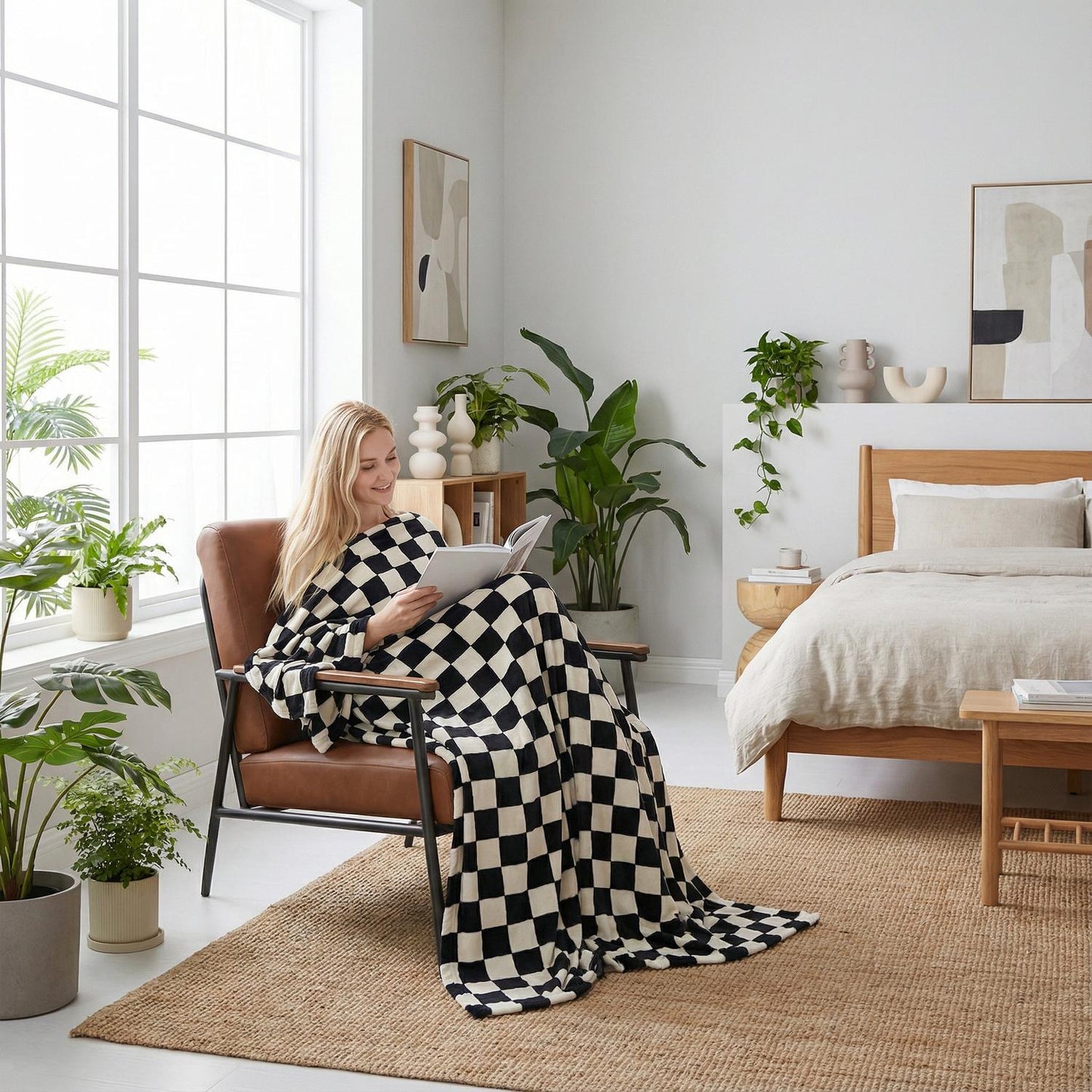 Classic Black White Plaid Throw Blanket