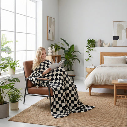 Classic Black White Plaid Throw Blanket
