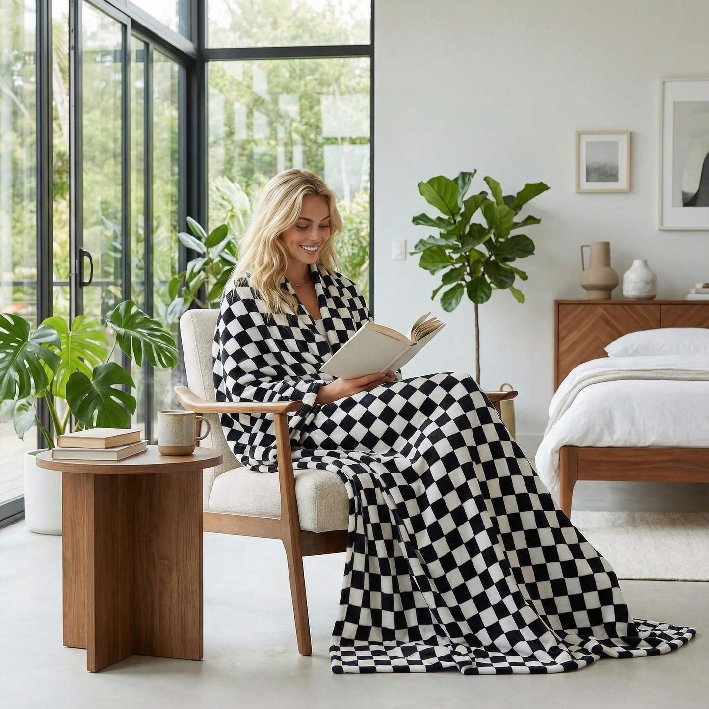 Classic Black White Plaid Throw Blanket