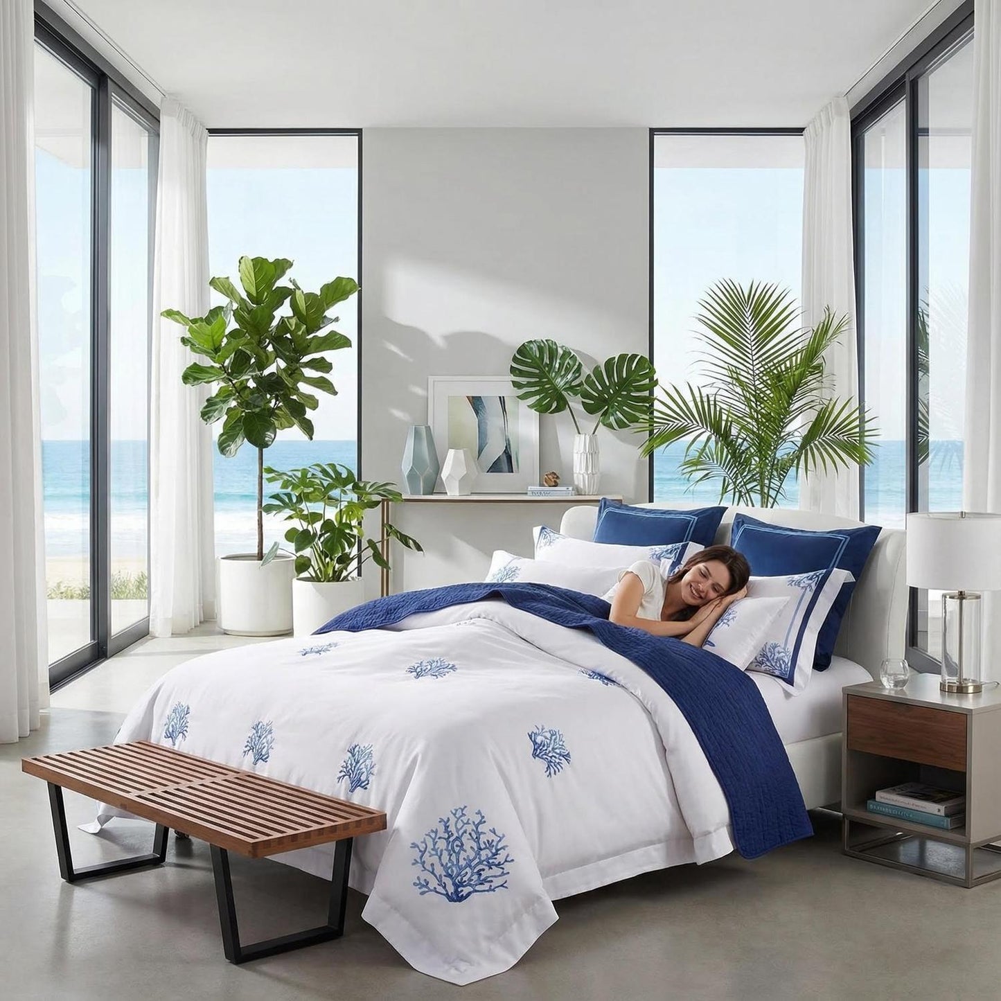 Luxurious Navy Blue Embroidered Bedding Set Cotton Duvet Cover - Lusomart