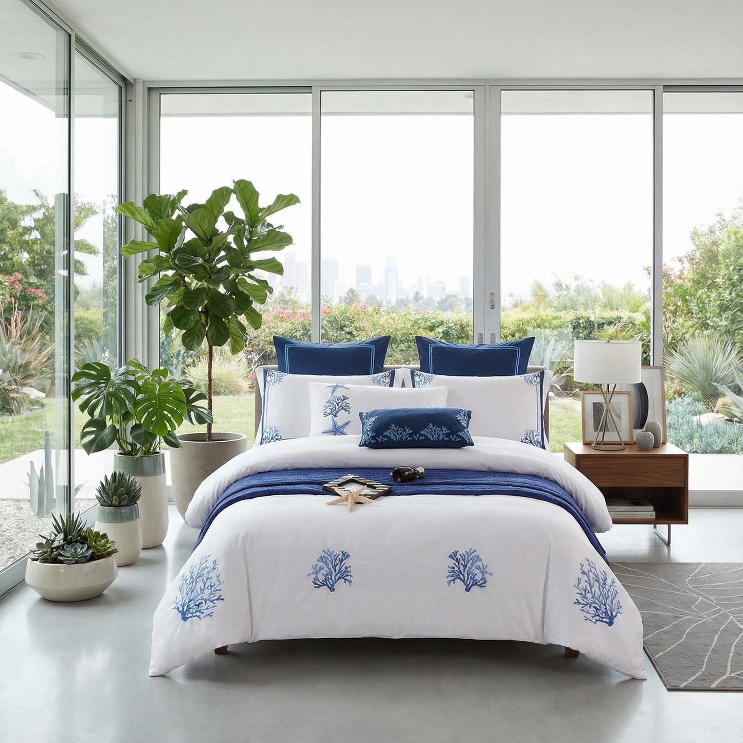 Luxurious Navy Blue Embroidered Bedding Set Cotton Duvet Cover
