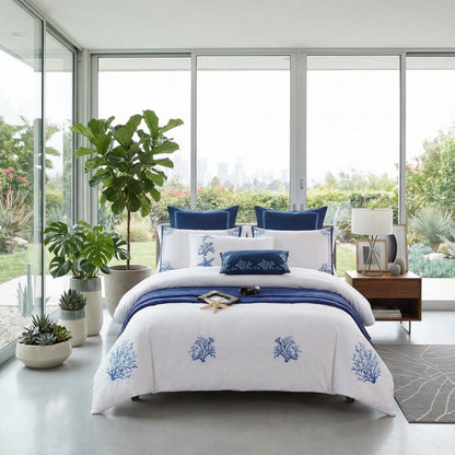 Luxurious Navy Blue Embroidered Bedding Set Cotton Duvet Cover