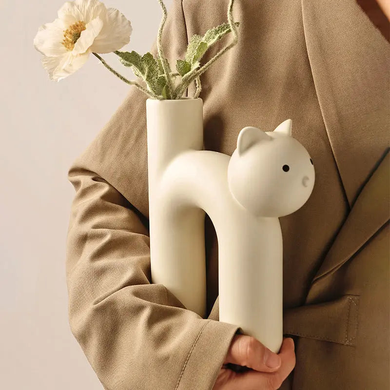 Clem Marble Cat Shaped Ceramic Flower Vase Inovessa