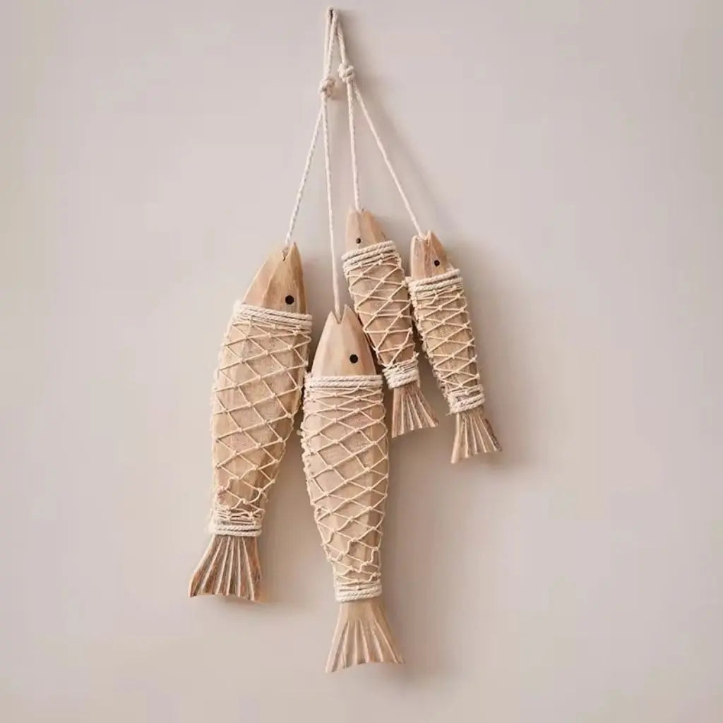Rustic wooden fish wall hanging, nautical rope netting decor perfect for coastal themed interiors