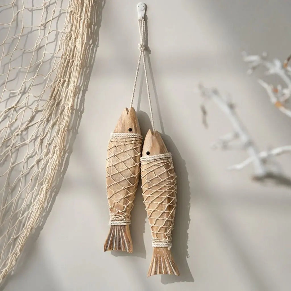 Handcrafted wooden fish wall art, coastal home decor with natural rope accents for nautical styling