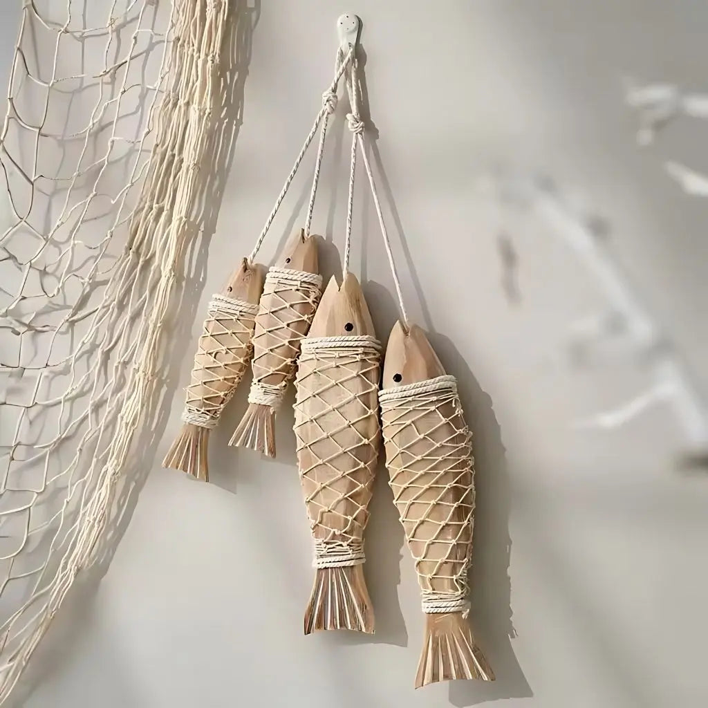 Maritime wooden fish decor set, rustic wall hanging with rope netting for beach house wall art