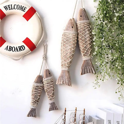 Natural wood fish wall decoration, coastal nautical art with rope design for rustic home interiors