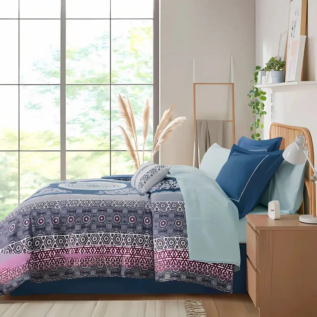 Navy teal purple medallion design on boho comforter displaying vibrant bohemian color palette for bedrooms