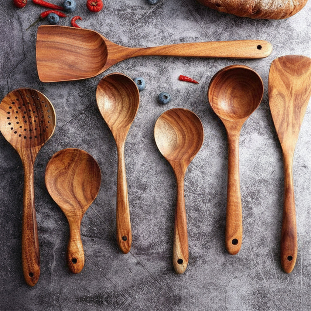 Natural Wood Kitchen Utensil Set Durable Cooking Tools - Lusomart