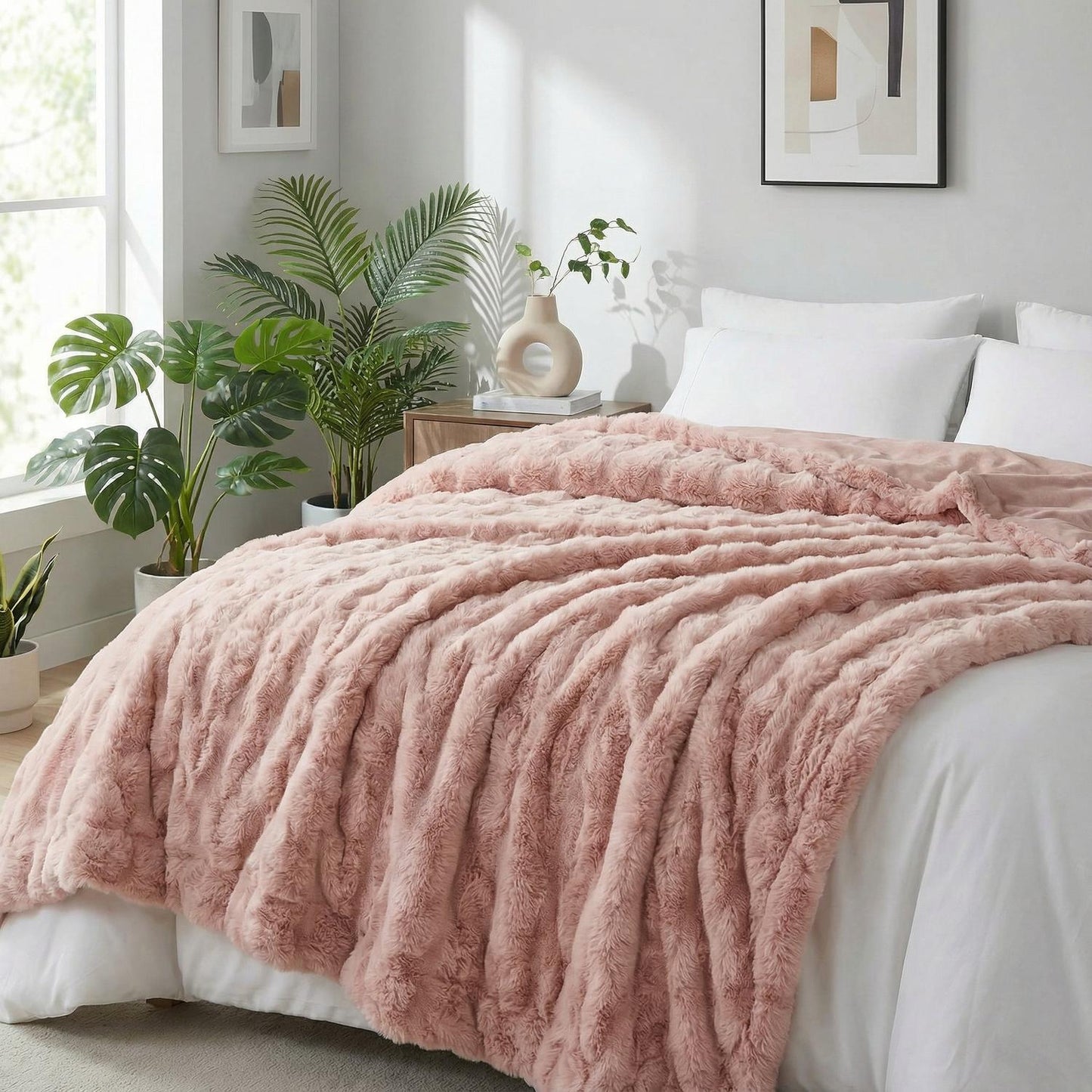 Cozy Pink Plush Rabbit Throw Blanket Set