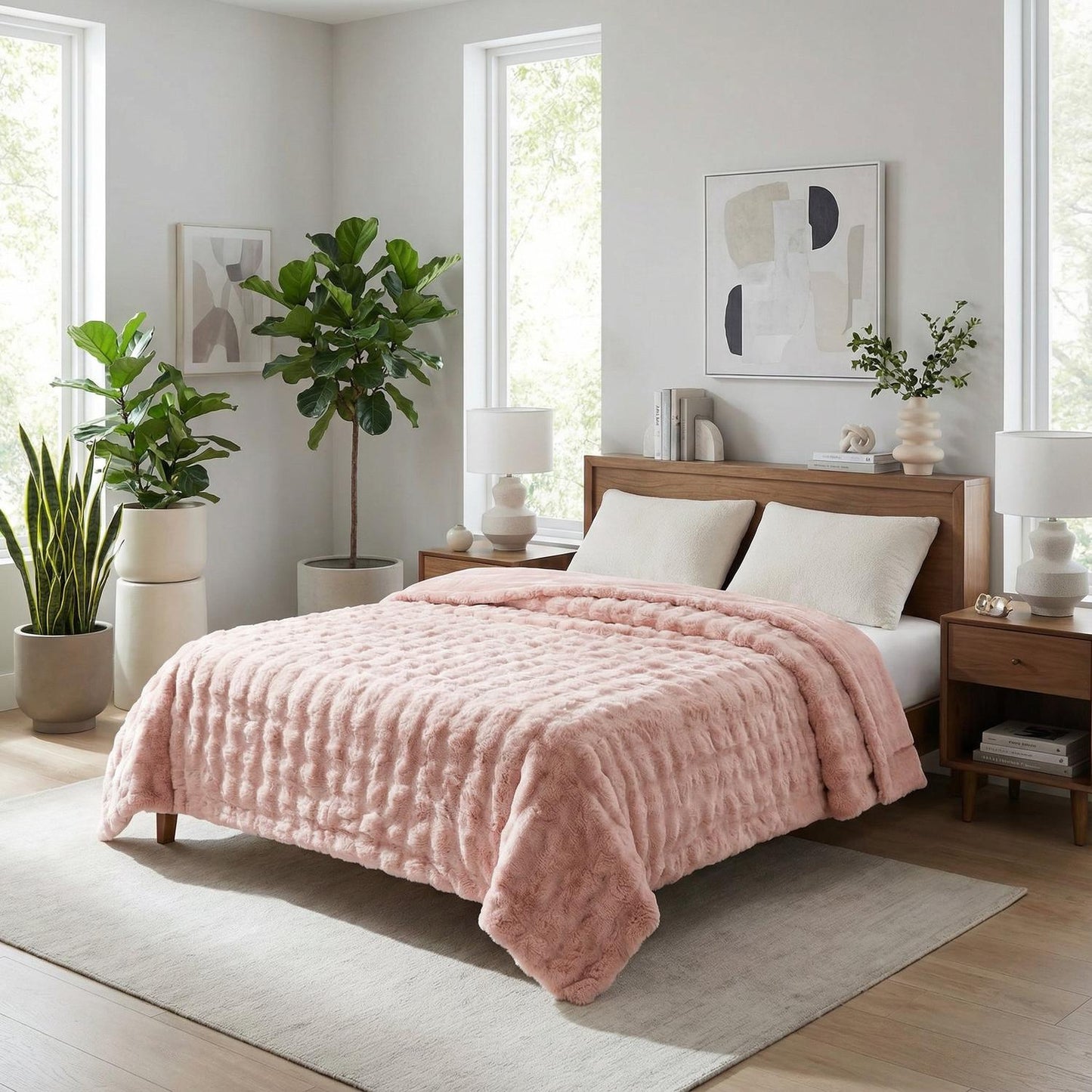 Cozy Pink Plush Rabbit Throw Blanket Set