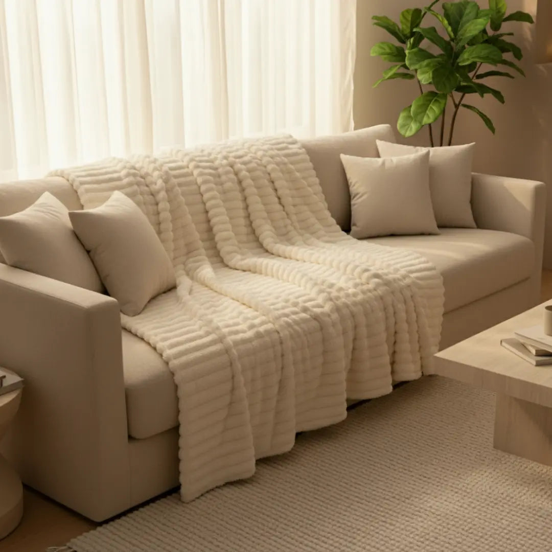 CoralFleece | Cozy Soft Beige Plaid Living Room Blanket for Ultimate Comfort 3