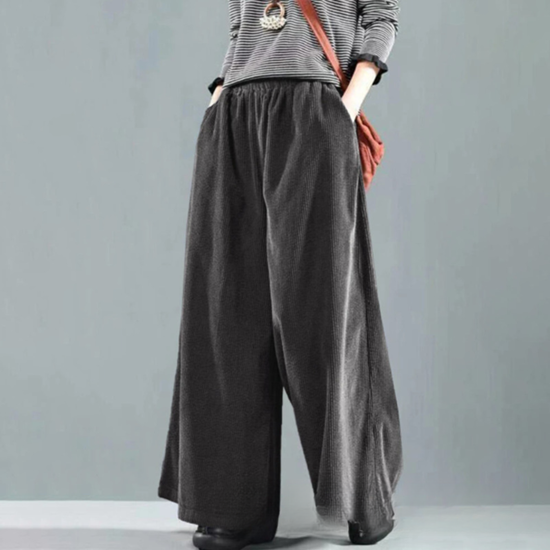 Classic Wide Leg Black Cord Trousers for Women - Lusomart