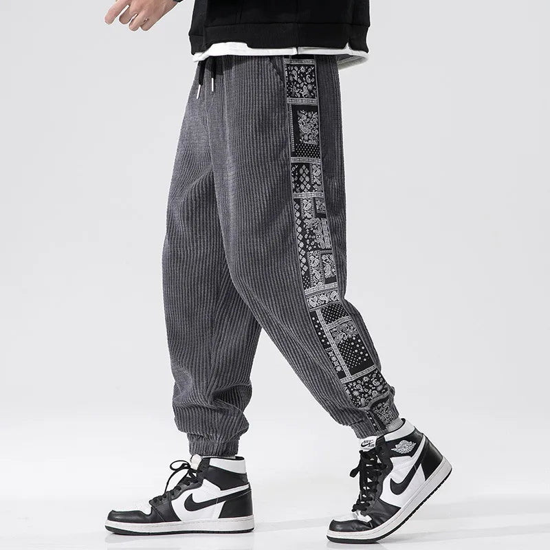 Corduroy Chic | Stylish Relaxed Fit Men's Casual Trousers with Side Print 1