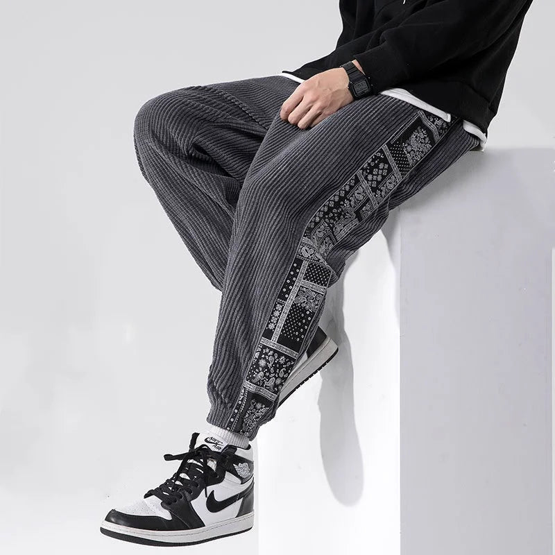 Corduroy Chic | Stylish Relaxed Fit Men's Casual Trousers with Side Print 4