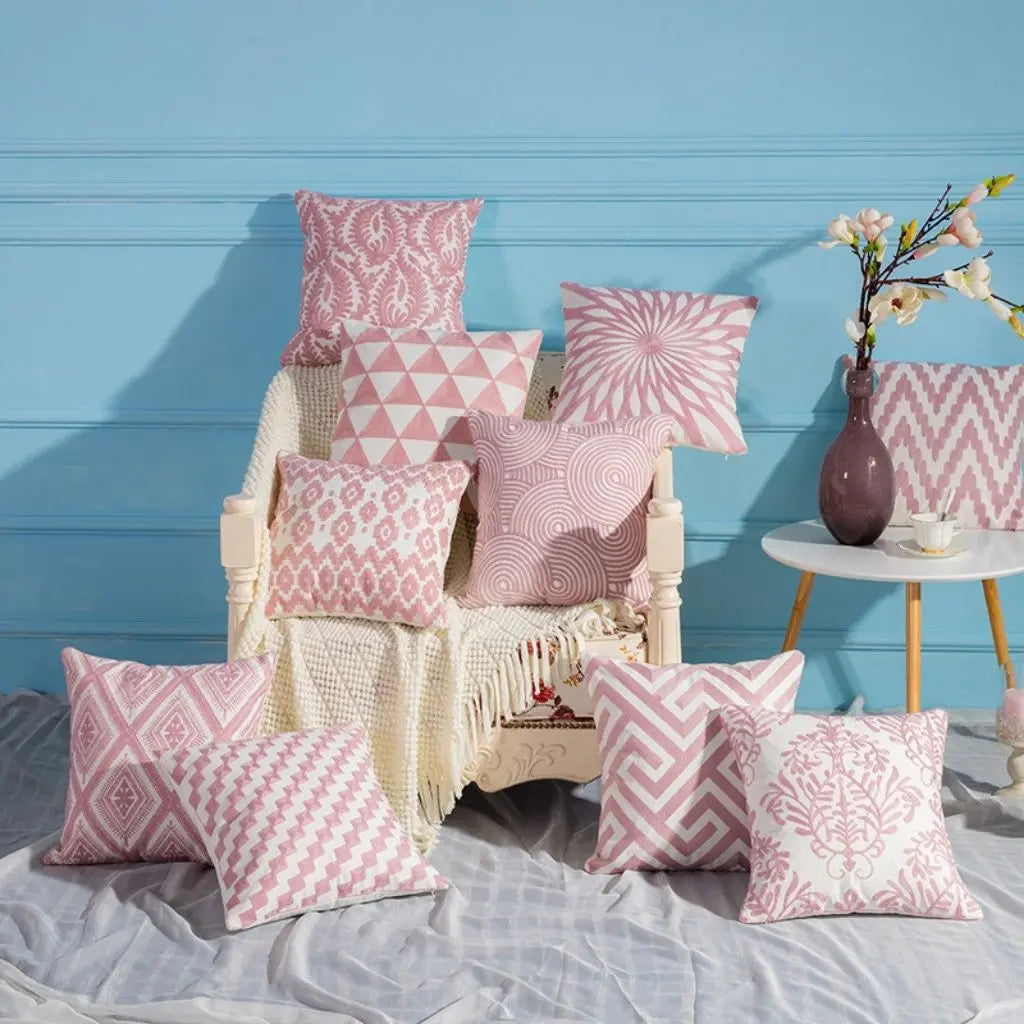 Embroidered geometric cotton canvas pillow cover with artistic spiral design