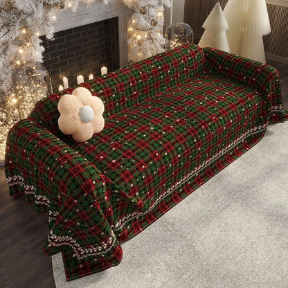 Chenille Christmas cover with colorful patchwork blocks