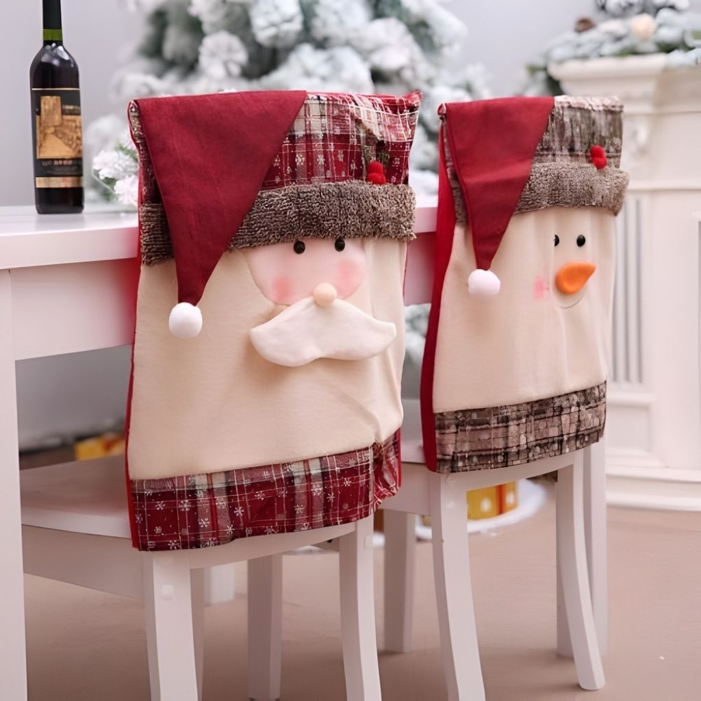 Red Santa Claus chair cover with white beard and belt detail on chair back