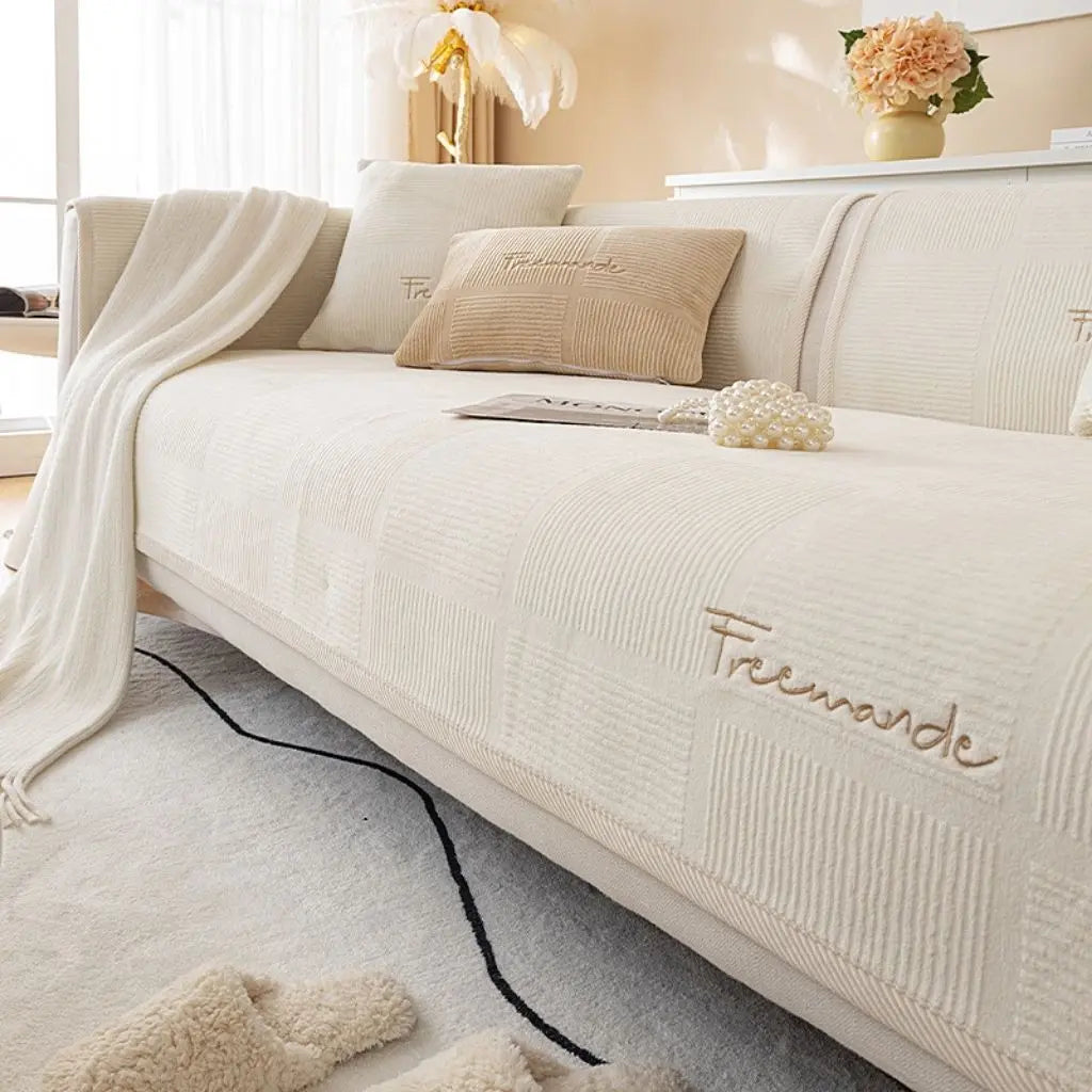 Seasonal flannel upholstery cover creating protective layer for welcoming living spaces