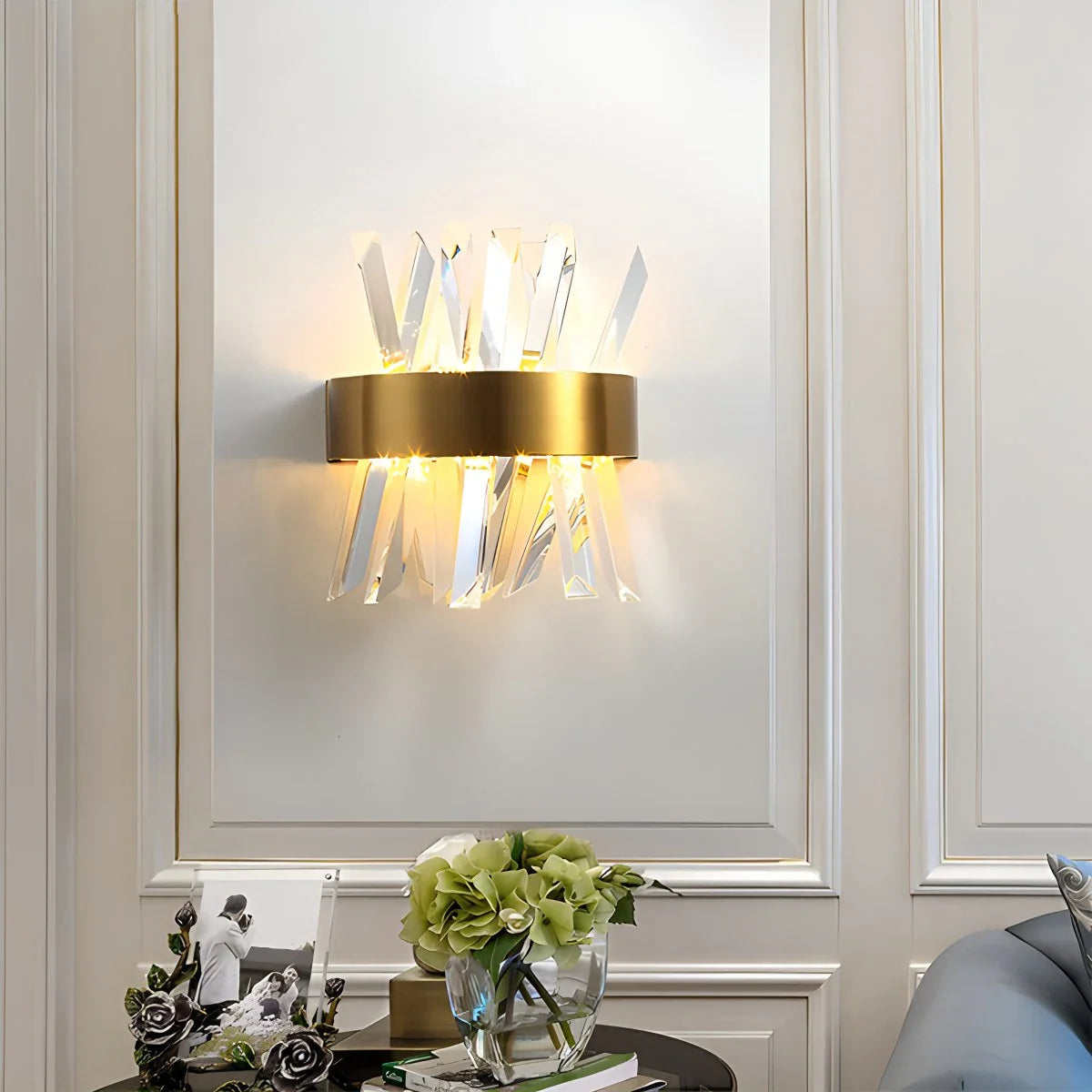 Cristaluxe | Elegant Modern Crystal Wall Sconce Lighting with Golden Accents 6
