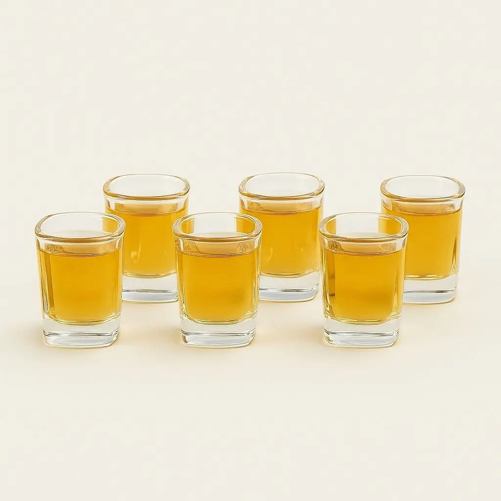 Luxury crystal shot glass collection with elegant wooden display rack for premium spirits

