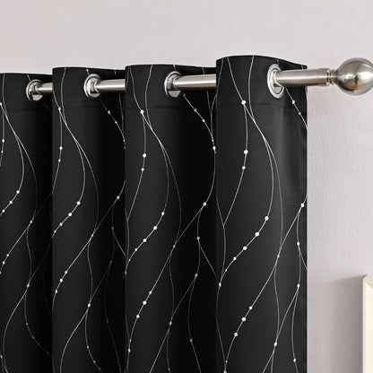 Curtain panel installation showing wave design blackout treatment, demonstrating easy hanging and room transformation