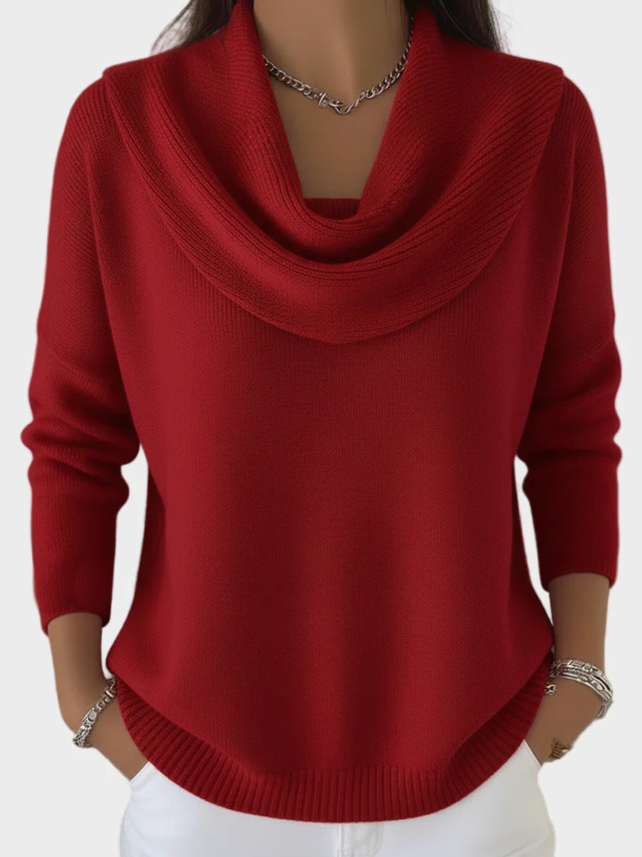 Relaxed Fit Sweater with Drape Neckline - Lusomart