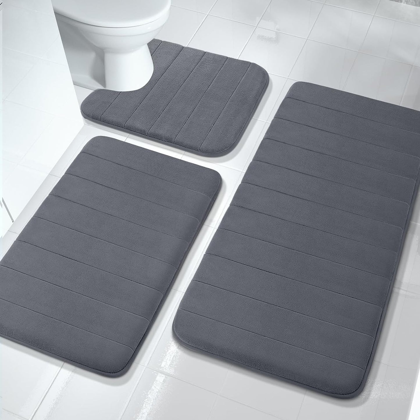 Comfortable 3-Piece Memory Foam Bathroom Mats, Anti-Slip