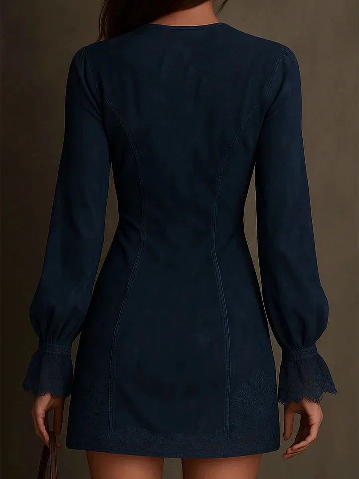 Delfine | Mini Dress in Blue Suede with Lace Accents – Elegant Fit for Effortless Charm 3