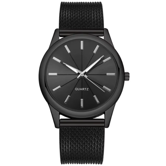 Sleek Black Leather Mens Watch with Metal Strap - Lusomart