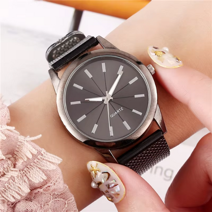 Sleek Black Leather Mens Watch with Metal Strap