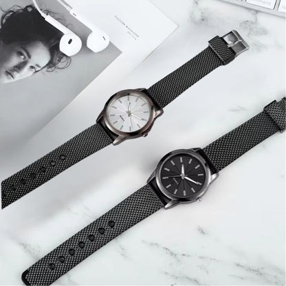 Sleek Black Leather Mens Watch with Metal Strap