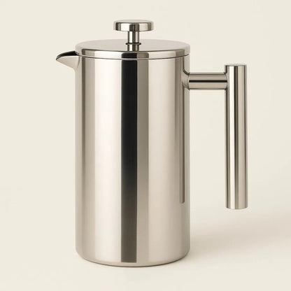 Stainless steel French press on a beige background