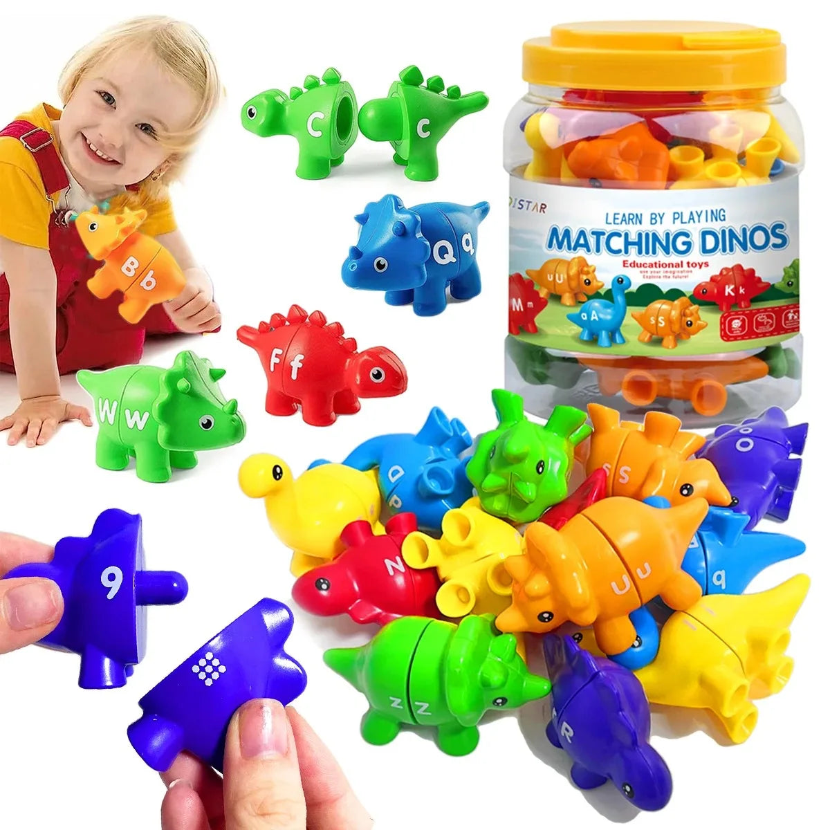 Educational Dino Game for Kids - Boost Fine Motor Skills and Color & Letter Recognition - 13 Dinosaurs and 1 Plastic Pot