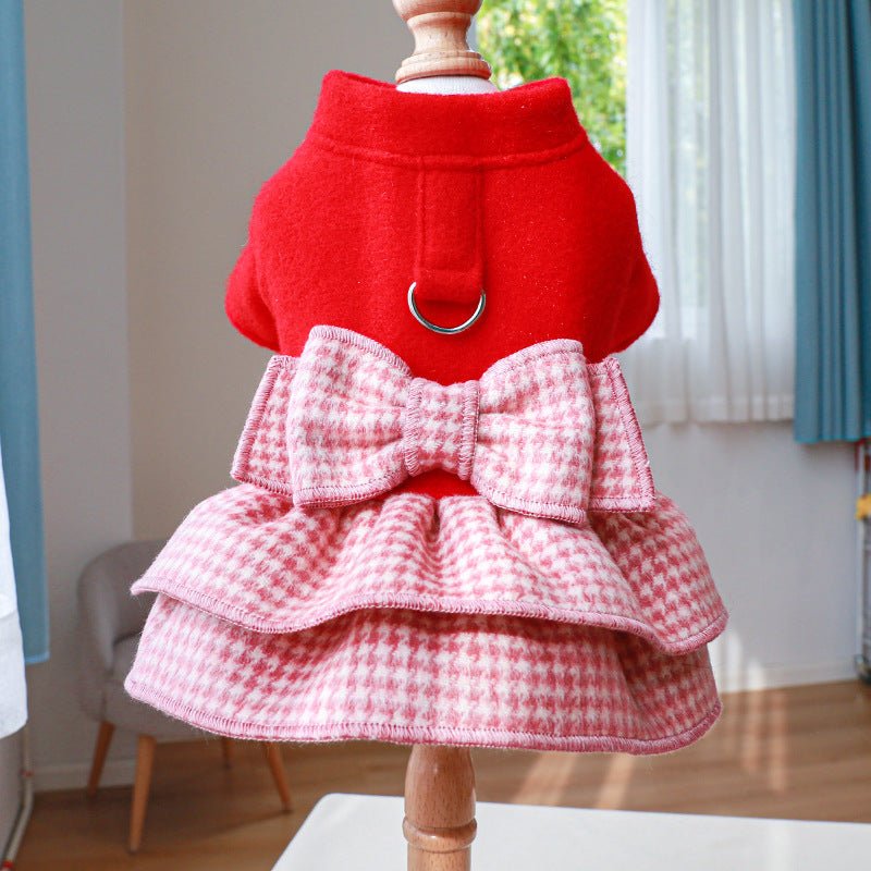 Elegant Bow Plaid Dog Dress Harness for Autumn/Winter – Vibrant Red Small Dog Clothes for French Bulldogs and Other Breeds 2