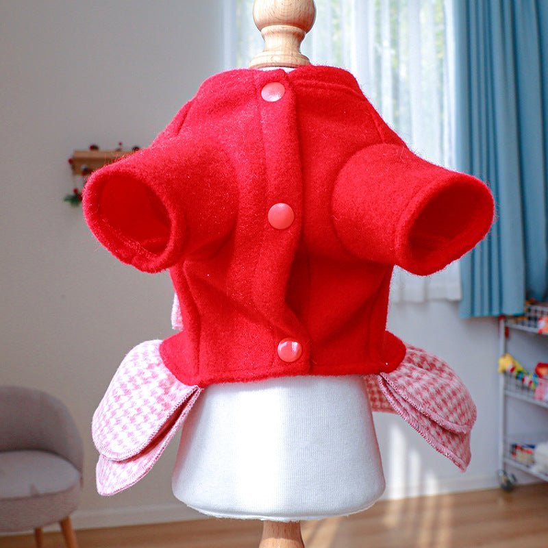 Elegant Bow Plaid Dog Dress Harness for Autumn/Winter – Vibrant Red Small Dog Clothes for French Bulldogs and Other Breeds 3