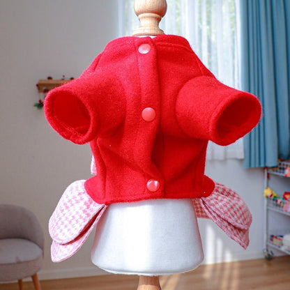 Elegant Bow Plaid Dog Dress Harness for Autumn/Winter – Vibrant Red Small Dog Clothes for French Bulldogs and Other Breeds 3