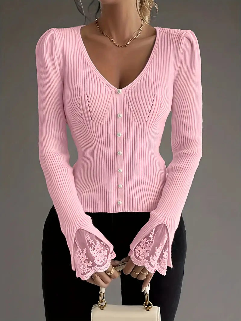 Classic Crew Neck Lace Detail Sweater - Lusomart
