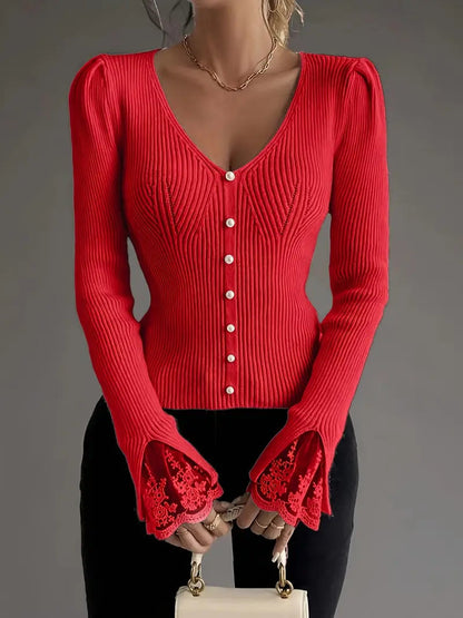 Elegant Ribbed Sweater with V-Neck & Lace Sleeves – Sophisticated Style for Any Occasion 10