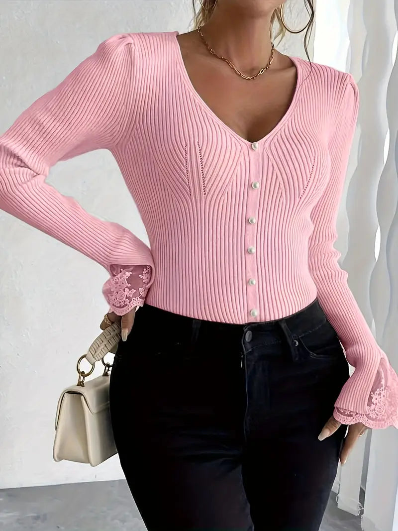 Elegant Ribbed Sweater with V-Neck & Lace Sleeves – Sophisticated Style for Any Occasion 4