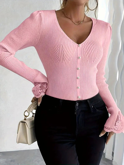 Elegant Ribbed Sweater with V-Neck & Lace Sleeves – Sophisticated Style for Any Occasion 4