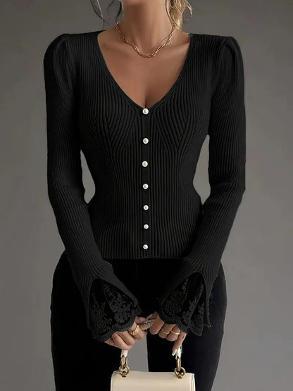 Elegant Ribbed Sweater with V-Neck & Lace Sleeves – Sophisticated Style for Any Occasion 6