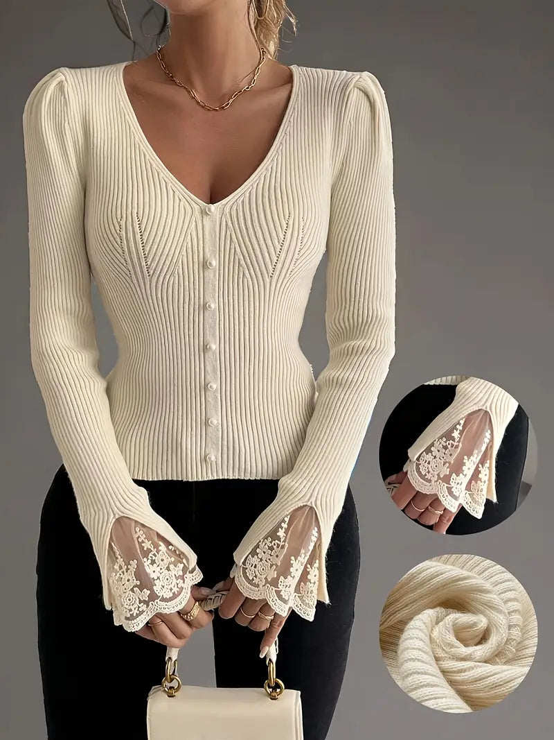 Elegant Ribbed Sweater with V-Neck & Lace Sleeves – Sophisticated Style for Any Occasion 7
