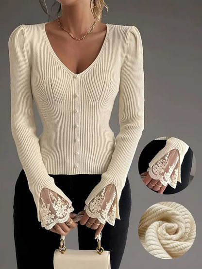 Elegant Ribbed Sweater with V-Neck & Lace Sleeves – Sophisticated Style for Any Occasion 7
