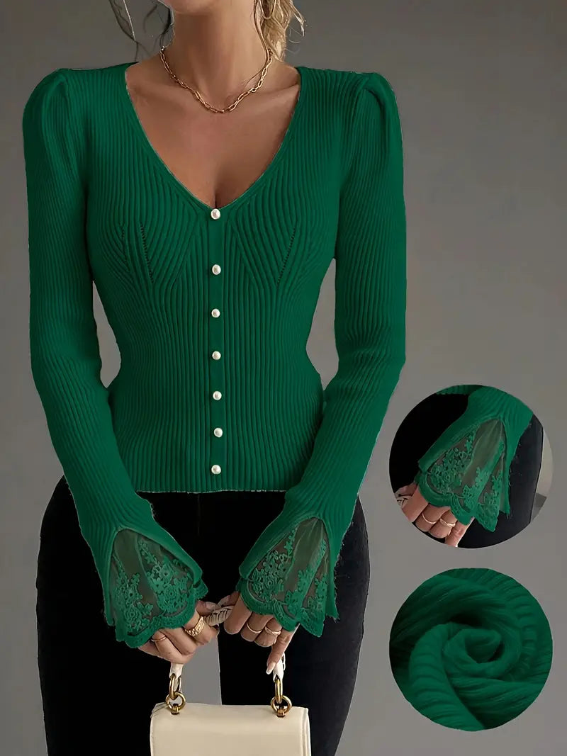 Elegant Ribbed Sweater with V-Neck & Lace Sleeves – Sophisticated Style for Any Occasion 9
